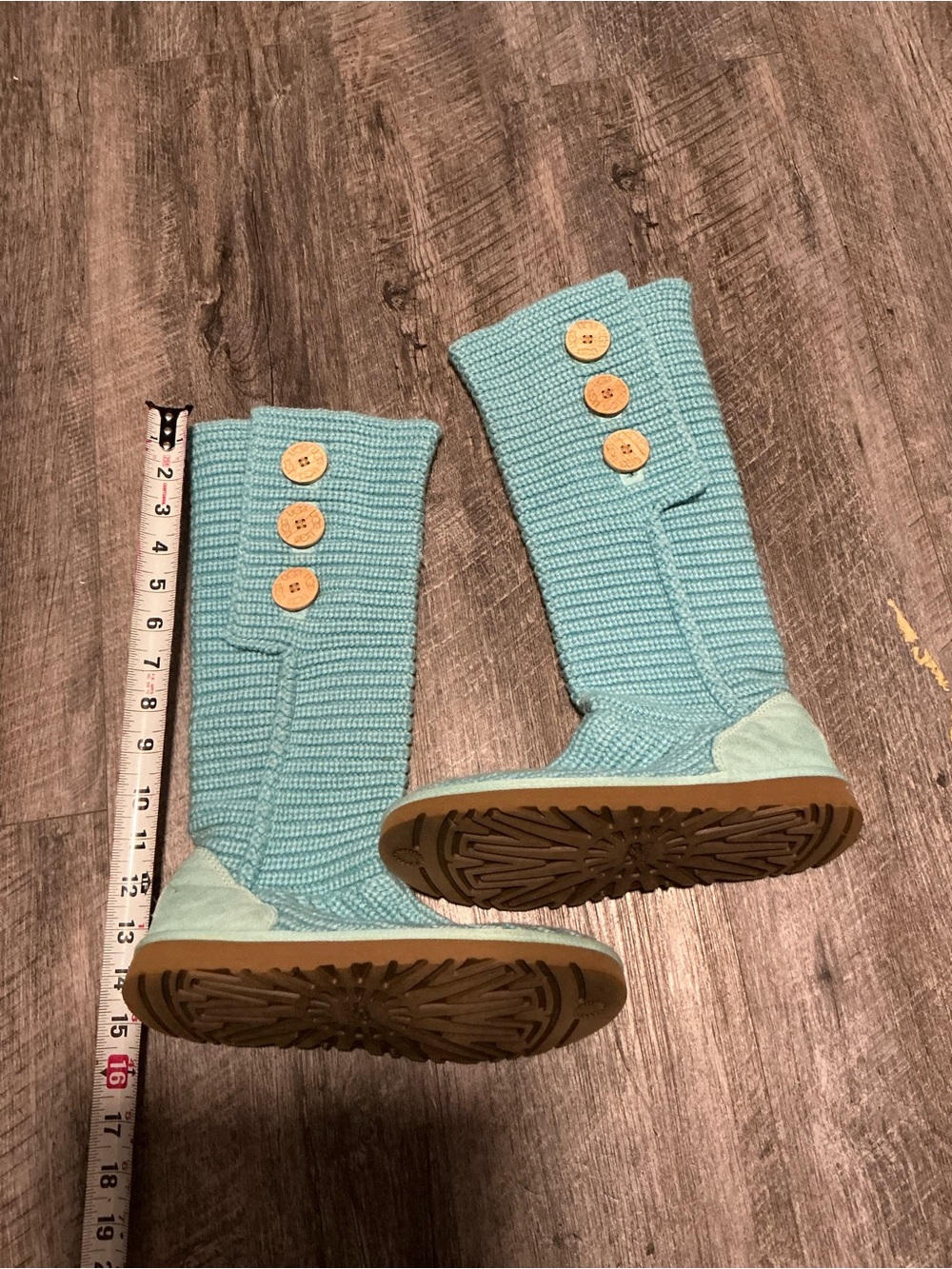 Knit Button Mid-Calf Booties in Aqua Blue